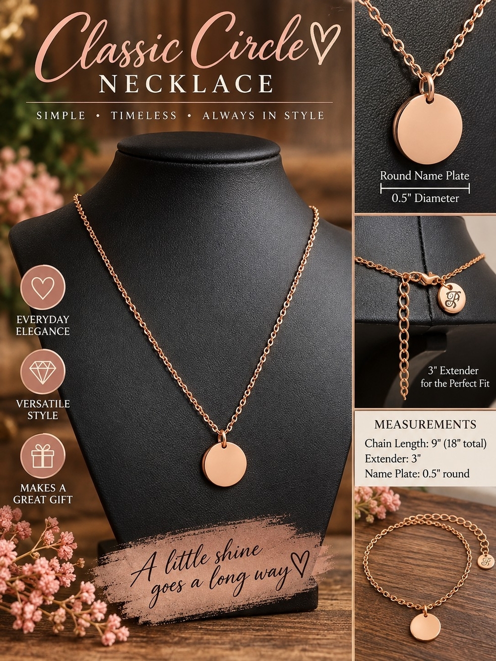 A104. Classic Circle Necklace Round Pendant Rose Gold NWT